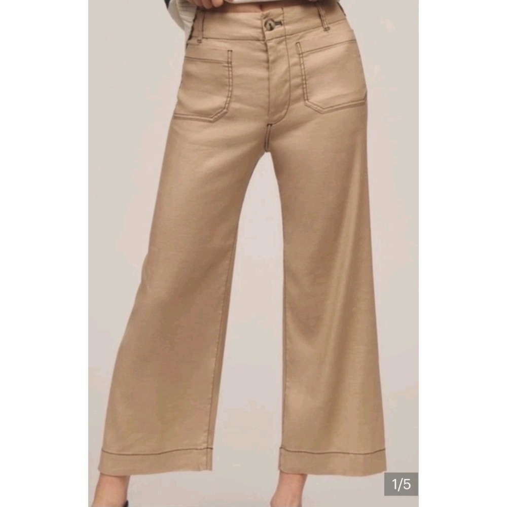 Maeve Anthropologie The Colette Linen Cropped Wide Leg Pants Contrast Stitch 34